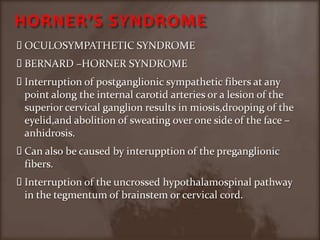 HORNER’S SYNDROMEOCULOSYMPATHETIC SYNDROMEBERNARD –HORNER SYNDROMEInterruption of postganglionic sympathetic fibers at any point along the internal carotid arteries or a lesion of the superior cervical ganglion results in miosis,drooping of the eyelid,and abolition of sweating over one side of the face –anhidrosis.Can also be caused by interupption of the preganglionic fibers.Interruption of the uncrossed hypothalamospinal pathway in the tegmentum of brainstem or cervical cord.