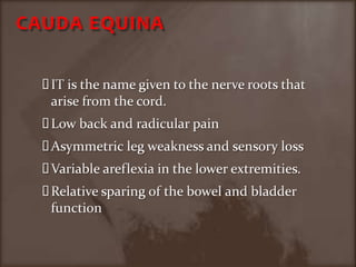 CAUDA EQUINAIT is the name given to the nerve roots that arise from the cord.Low back and radicular painAsymmetric leg weakness and sensory lossVariable areflexia in the lower extremities.Relative sparing of the bowel and bladder function