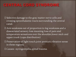 CENTRAL CORD SYNDROMESelective damage to the gray matter nerve cells and crossing spinothalamic tracts surrounding the central canal.Arm weakness out of proportion to leg weakness and a dissosciated sensory loss meaning loss of pain and temperature sensations over the shoulder,lower neck and upper trunk (cape distribution)Preservation of light touch,jointposition,vibration sense in these regions.Causes –syringomyelia,spinal trauma.