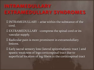 INTRAMEDULLARYEXTRAMEDULLARY SYNDROMES INTRAMEDULLARY – arise within the substance of the cord.EXTRAMEDULLARY  –compress the spinal cord or its vascular supply.Radicular pain is more prominent in extramedullary lesions.Early sacral sensory loss (lateral spinothalamic tract ) and spastic weakness of legs corticospinal tract due to superficial location of leg fibers in the corticospinal tract