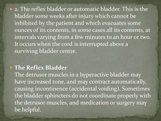  In the initial phase (atonic neurogenic bladder) early
suprapubic cystotomy.
 The suprapubic tube should be changed at ...