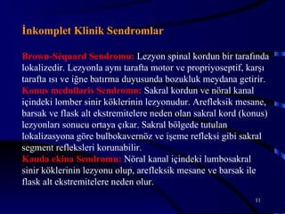 İnkomplet Klinik Sendromlar

Brown-Séquard Sendromu: Lezyon spinal kordun bir tarafında
lokalizedir. Lezyonla aynı tarafta motor ve propriyoseptif, karşı
tarafta ısı ve iğne batırma duyusunda bozukluk meydana getirir.
Konus medullaris Sendromu: Sakral kordun ve nöral kanal
içindeki lomber sinir köklerinin lezyonudur. Arefleksik mesane,
barsak ve flask alt ekstremitelere neden olan sakral kord (konus)
lezyonları sonucu ortaya çıkar. Sakral bölgede tutulan
lokalizasyona göre bulbokavernöz ve işeme refleksi gibi sakral
segment refleksleri korunabilir.
Kauda ekina Sendromu: Nöral kanal içindeki lumbosakral
sinir köklerinin lezyonu olup, arefleksik mesane ve barsak ile
flask alt ekstremitelere neden olur.
                                                             11
 