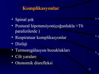 Komplikasyonlar

• Spinal şok
• Postural hipotansiyon(çoğunlukla >T6
  paralizilerde )
• Respiratuar komplikasyonlar
• Disfaji
• Termoregülasyon bozuklukları
• Cilt yaraları
• Otonomik disrefleksi
                                         25
 