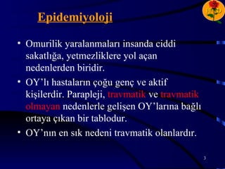 H D
     Epidemiyoloji

• Omurilik yaralanmaları insanda ciddi
  sakatlığa, yetmezliklere yol açan
  nedenlerden biridir.
• OY’lı hastaların çoğu genç ve aktif
  kişilerdir. Parapleji, travmatik ve travmatik
  olmayan nedenlerle gelişen OY’larına bağlı
  ortaya çıkan bir tablodur.
• OY’nın en sık nedeni travmatik olanlardır.

                                                  3
 