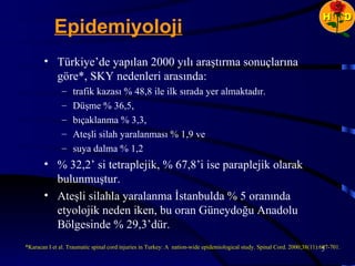 H          D
            Epidemiyoloji
       • Türkiye’de yapılan 2000 yılı araştırma sonuçlarına
         göre*, SKY nedenleri arasında:
               –   trafik kazası % 48,8 ile ilk sırada yer almaktadır.
               –   Düşme % 36,5,
               –   bıçaklanma % 3,3,
               –   Ateşli silah yaralanması % 1,9 ve
               –   suya dalma % 1,2
       • % 32,2’ si tetraplejik, % 67,8’i ise paraplejik olarak
         bulunmuştur.
       • Ateşli silahla yaralanma İstanbulda % 5 oranında
         etyolojik neden iken, bu oran Güneydoğu Anadolu
         Bölgesinde % 29,3’dür.
*Karacan I et al. Traumatic spinal cord injuries in Turkey: A nation-wide epidemiological study. Spinal Cord. 2000;38(11):697-701.
                                                                                                                           5
 