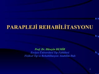 PARAPLEJİ REHABİLİTASYONU


               Prof. Dr. Hüseyin DEMİR
          Erciyes Üniversitesi Tıp Fakültesi
     Fiziksel Tıp ve Rehabilitasyon Anabilim Dalı



                                                    1
 