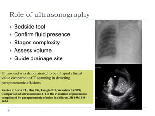 Role of ultrasonography
 Bedside tool
 Confirm fluid presence
 Stages complexity
 Assess volume
 Guide drainage site
Ultrasound was demonstrated to be of equal clinical
value compared to CT scanning in detecting
parapneumonic effusions
Kurian J, Levin TL, Han BK, Taragin BH, Weinstein S (2009)
Comparison of ultrasound and CT in the evaluation of pneumonia
complicated by parapneumonic effusion in children. JR 193:1648–
1654
 