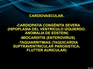 CARDIOVASCULAR.
-CARDIOPATIA CONGÉNITA SEVERA
(HIPOPLASIA DEL VENTRICULO IZQUIERDO,
ANOMALIA DE EDSTEIN)
-MIOCARDITIS (ENTEROVIRUS).
-TAQUIARRITMIAS (TAQUICARDIA
SUPTRAVENTRICULAR PAROXISTICA,
FLUTTER AURICULAR)
 