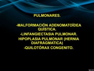 PULMONARES.
-MALFORMACIÓN ADENOMATOÍDEA
QUÍSTICA.
-LINFANGIECTASIA PULMONAR.
HIPOPLASIA PULMONAR (HERNIA
DIAFRÁGMATICA)
-QUILOTÓRAX CONGENITO.
 