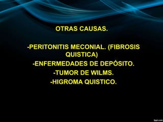 OTRAS CAUSAS.
-PERITONITIS MECONIAL. (FIBROSIS
QUISTICA)
-ENFERMEDADES DE DEPÓSITO.
-TUMOR DE WILMS.
-HIGROMA QUISTICO.
 