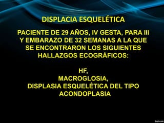 DISPLACIA ESQUELÉTICA
PACIENTE DE 29 AÑOS, IV GESTA, PARA III
Y EMBARAZO DE 32 SEMANAS A LA QUE
SE ENCONTRARON LOS SIGUIENTES
HALLAZGOS ECOGRÁFICOS:
HF,
MACROGLOSIA,
DISPLASIA ESQUELÉTICA DEL TIPO
ACONDOPLASIA
 
