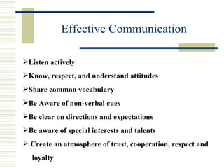 Effective Communication Listen actively Know, respect, and understand attitudes Share common vocabulary Be Aware of non-verbal cues Be clear on directions and expectations Be aware of special interests and talents   Create an atmosphere of trust, cooperation, respect and loyalty 