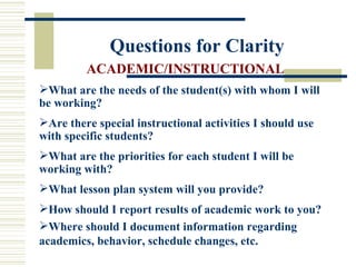 Questions for Clarity ACADEMIC/INSTRUCTIONAL What are the needs of the student(s) with whom I will be working? Are there special instructional activities I should use with specific students? What are the priorities for each student I will be working with?  What lesson plan system will you provide? How should I report results of academic work to you?   Where should I document information regarding academics, behavior, schedule changes, etc.   