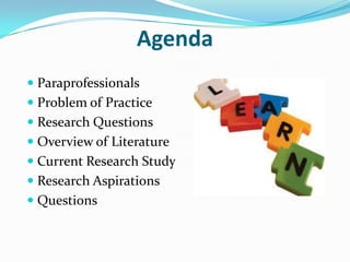 AgendaParaprofessionalsProblem of PracticeResearch QuestionsOverview of LiteratureCurrent Research StudyResearch AspirationsQuestions