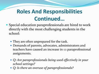 Has This changed?Data driven expectations : AYP, NCLB, IDEA 2004Supervision issuesSpecial education case loads have increasedIncreased focus on statewide and nationally mandated testsAccess to the general education curriculumQ : Are paraprofessionals being overused?