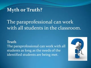 Literature ReviewWhat does prior research reveal about….The changing roles of paraprofessionals?Current practices for training?The essential skills and competencies needed for         paraprofessionals ?4.   The training needs for teachers to be able to effectively supervise paraprofessionals?5.   The roles and responsibilities of paraprofessionals?
