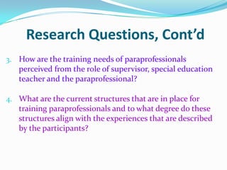 Myth or Truth?The paraprofessional receives all instructions and directions from the special education teacher.MythThe paraprofessional will receive some instruction from the special educationteacher, from the general education teacher and from related service providers.