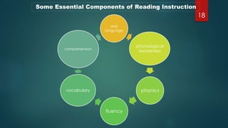 Some Essential Components of Reading Instruction
oral
language
phonological
awareness
phonics
fluency
vocabulary
comprehension
18
 
