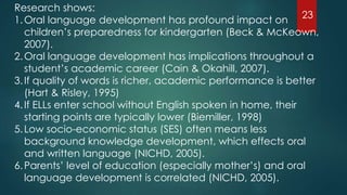 Research shows:
1.Oral language development has profound impact on
children’s preparedness for kindergarten (Beck & McKeown,
2007).
2.Oral language development has implications throughout a
student’s academic career (Cain & Okahill, 2007).
3.If quality of words is richer, academic performance is better
(Hart & Risley, 1995)
4.If ELLs enter school without English spoken in home, their
starting points are typically lower (Biemiller, 1998)
5.Low socio-economic status (SES) often means less
background knowledge development, which effects oral
and written language (NICHD, 2005).
6.Parents’ level of education (especially mother’s) and oral
language development is correlated (NICHD, 2005).
23
 
