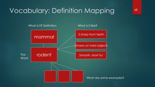 Vocabulary: Definition Mapping
mammal
rodent
2 sharp front teeth
Gnaws on hard objects
Smooth, short fur
What is it? Definition What is it like?
What are some examples?
The
Word
68
 