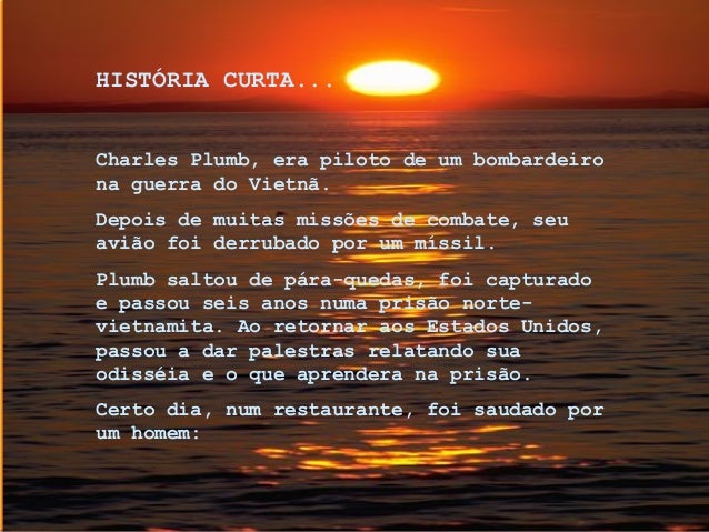 HISTÓRIA CURTA...
Charles Plumb, era piloto de um bombardeiro
na guerra do Vietnã.
Depois de muitas missões de combate, se...