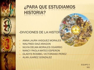 ¿PARA QUE ESTUDIAMOS
HISTORIA?
-DIVICIONES DE LA HISTORIA
 ANNA LAURA VASQUEZ MORALES
 WALFRED DIAZ ARAGON
 NUVIA DELMA MORALES OGARRIO
 NANCY PAOLA MATEO ESPERON
 GLADYS ROSIBEL VICTORIANO PEREZ
 ALAN JUAREZ GONZALEZ
 EQUIPO 3
 502
 