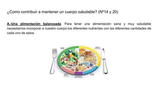 ¿Como contribuir a mantener un cuerpo saludable? (Nº14 y 20)
A.-Una alimentación balanceada: Para tener una alimentación sana y muy saludable
necesitamos incorporar a nuestro cuerpo los diferentes nutrientes con las diferentes cantidades de
cada uno de estos.
 