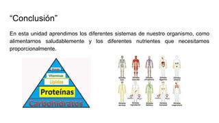 “Conclusión”
En esta unidad aprendimos los diferentes sistemas de nuestro organismo, como
alimentarnos saludablemente y los diferentes nutrientes que necesitamos
proporcionalmente.
 