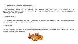 1. primer nivel o base de la pirámide (Nº33 )
Su principal aporte es la energía, las calorías que una persona consume al día,
por lo que en él se encuentran los alimentos con mayor cantidad de carbohidratos ( cereales , papas ,
choclo , pan integral , arroz )
2. segundo nivel
principal aporte es el agua , mineral y vitaminas , en él se concentran las frutas y verduras ( tomates ,
zanahorias , lechuga , uvas , manzana , plátanos )
3. tercer nivel
su principal aporte son las proteínas ( aminoácidos esenciales ), además de hierro y vitaminas ( leche ,
queso , huevos , pollo , pescado )
 