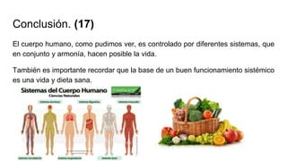 Conclusión. (17)
El cuerpo humano, como pudimos ver, es controlado por diferentes sistemas, que
en conjunto y armonía, hacen posible la vida.
También es importante recordar que la base de un buen funcionamiento sistémico
es una vida y dieta sana.
 