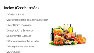 Índice (Continuación)
❏Sistema Renal
❏El sistema Renal está compuesto por:
❏Ventilacion Pulmonar
❏Inspiracion y Espiracion
❏Intercambio Gaseoso
❏Prevención de enfermedades
❏Plan para una vida sana
❏Conclusión
 