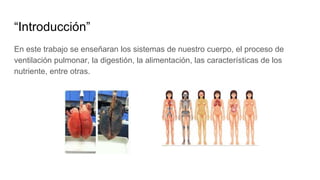 “Introducción”
En este trabajo se enseñaran los sistemas de nuestro cuerpo, el proceso de
ventilación pulmonar, la digestión, la alimentación, las características de los
nutriente, entre otras.
 