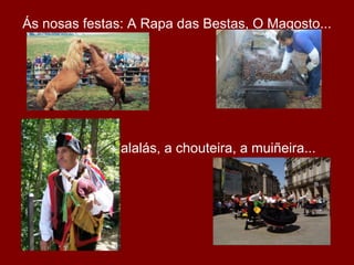 Ás nosas festas: A Rapa das Bestas, O Magosto...




  Á musica: os alalás, a chouteira, a muiñeira...
 