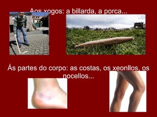 Aos xogos: a billarda, a porca...




Ás partes do corpo: as costas, os xeonllos, os
                 nocellos...
 