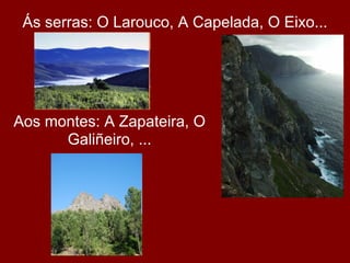Ás serras: O Larouco, A Capelada, O Eixo...




Aos montes: A Zapateira, O
      Galiñeiro, ...
 