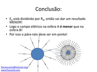 Conclusão:
• EA está dividindo por RA, então vai dar um resultado
MENOR!
• Logo o campo elétrico na esfera A é menor que na
esfera B!
• Por isso o pára-raio deve ser em ponta!

flavioscunha@hotmail.com
www.fisicareal.com

 