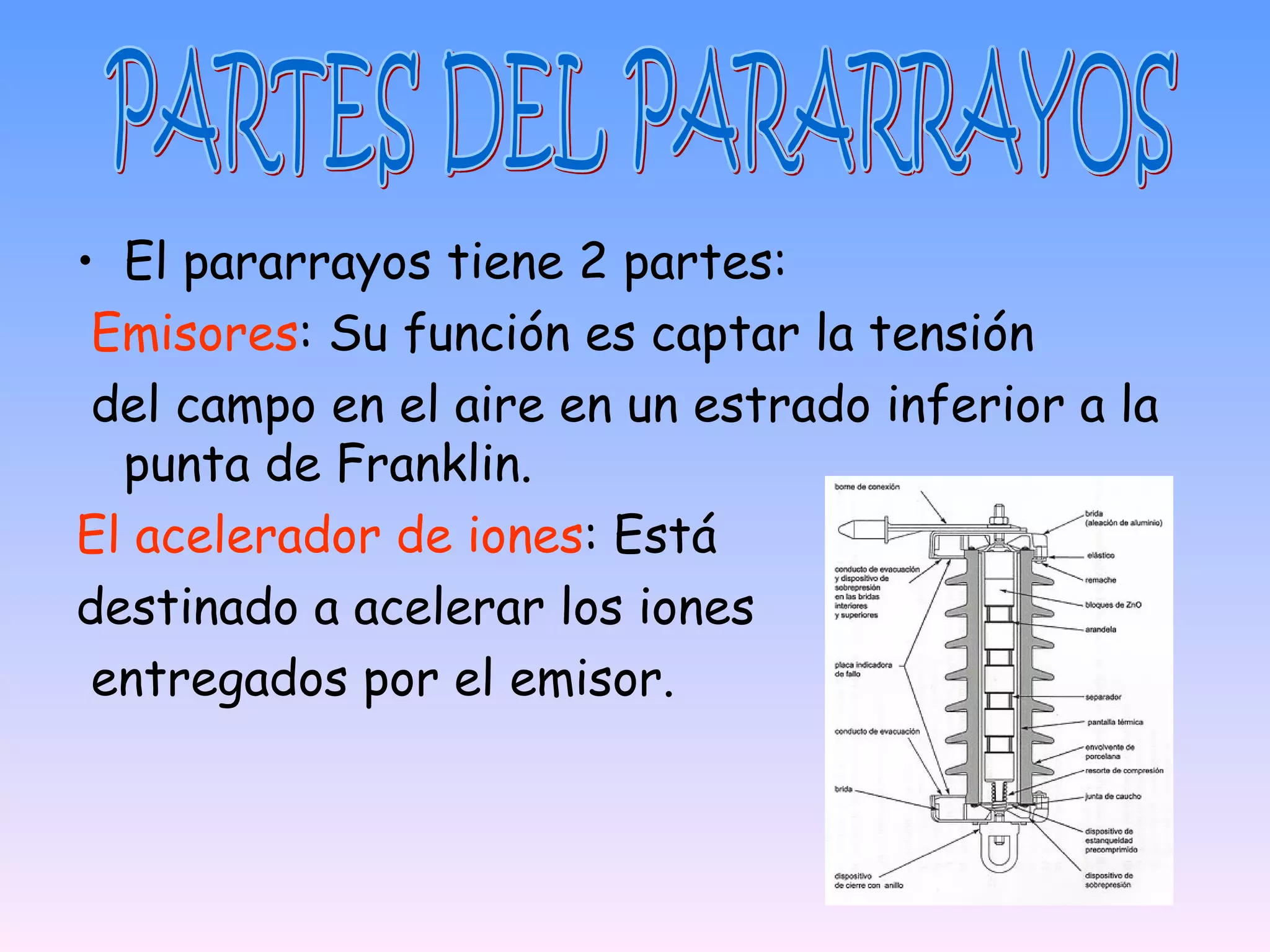 • El pararrayos tiene 2 partes:
 Emisores: Su función es captar la tensión
 del campo en el aire en un estrado inferior a la
  punta de Franklin.
El acelerador de iones: Está
destinado a acelerar los iones
 entregados por el emisor.
 