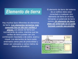Elemento de tierra 
Hay muchos tipos diferentes de elementos 
de tierra. Los elementos terrestres más 
comunes hoy en día son varillas y 
placas. Las placas de tierra son 
normalmente de cobre, mientras que las 
varillas de tierra pueden ser una 
combinación mezclada o de cobre, acero y 
níquel. Los elementos de tierra están 
enterrados varios pies de profundidad y 
deben ser colocados a varios metros de 
distancia del edificio. 
El elemento de tierra del sistema 
de un edificio debe estar 
conectado a cualquier otro 
elemento de tierra en el área, 
formando un potencial de tierra 
común. Un elemento de tierra 
debe ser enterrado en el suelo 
húmedo cuando sea posible. 
 