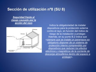 Sección de utilización nº8 (SU 8) 
Indica la obligatoriedad de instalar 
dispositivos para la protección externa 
contra el rayo, en función del índice de 
riesgo de la instalación a proteger. 
Además, en su punto B.2 indica que 
«siempre que se instale un pararrayos es 
obligatorio disponer de un sistema de 
protección interno comprendido por 
dispositivos que reducen los efectos 
eléctricos y magnéticos de la corriente de 
descarga atmosférica dentro del espacio a 
proteger». 
Seguridad frente al 
riesgo causado por la 
acción del rayo 
 