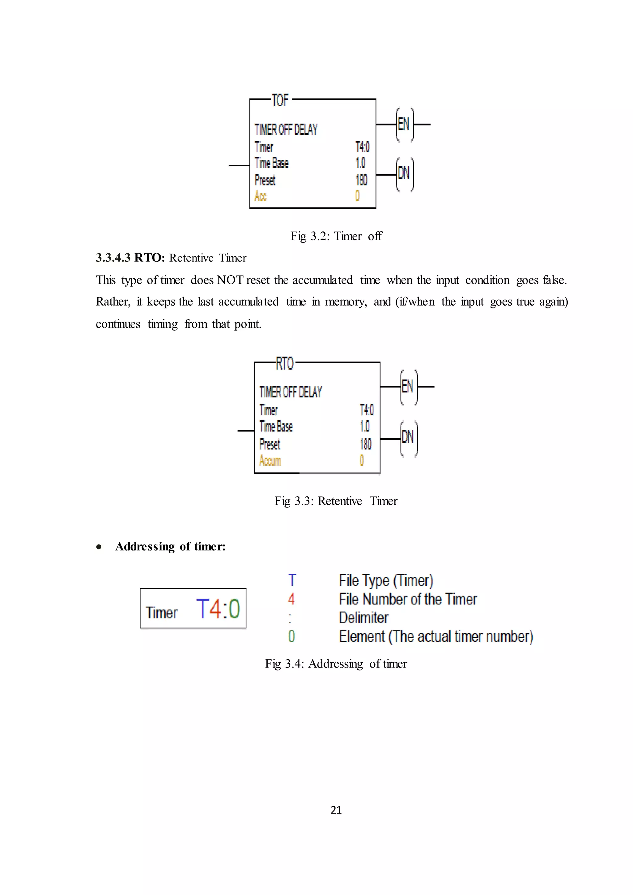 21
Fig 3.2: Timer off
3.3.4.3 RTO: Retentive Timer
This type of timer does NOT reset the accumulated time when the input condition goes false.
Rather, it keeps the last accumulated time in memory, and (if/when the input goes true again)
continues timing from that point.
Fig 3.3: Retentive Timer
 Addressing of timer:
Fig 3.4: Addressing of timer
 