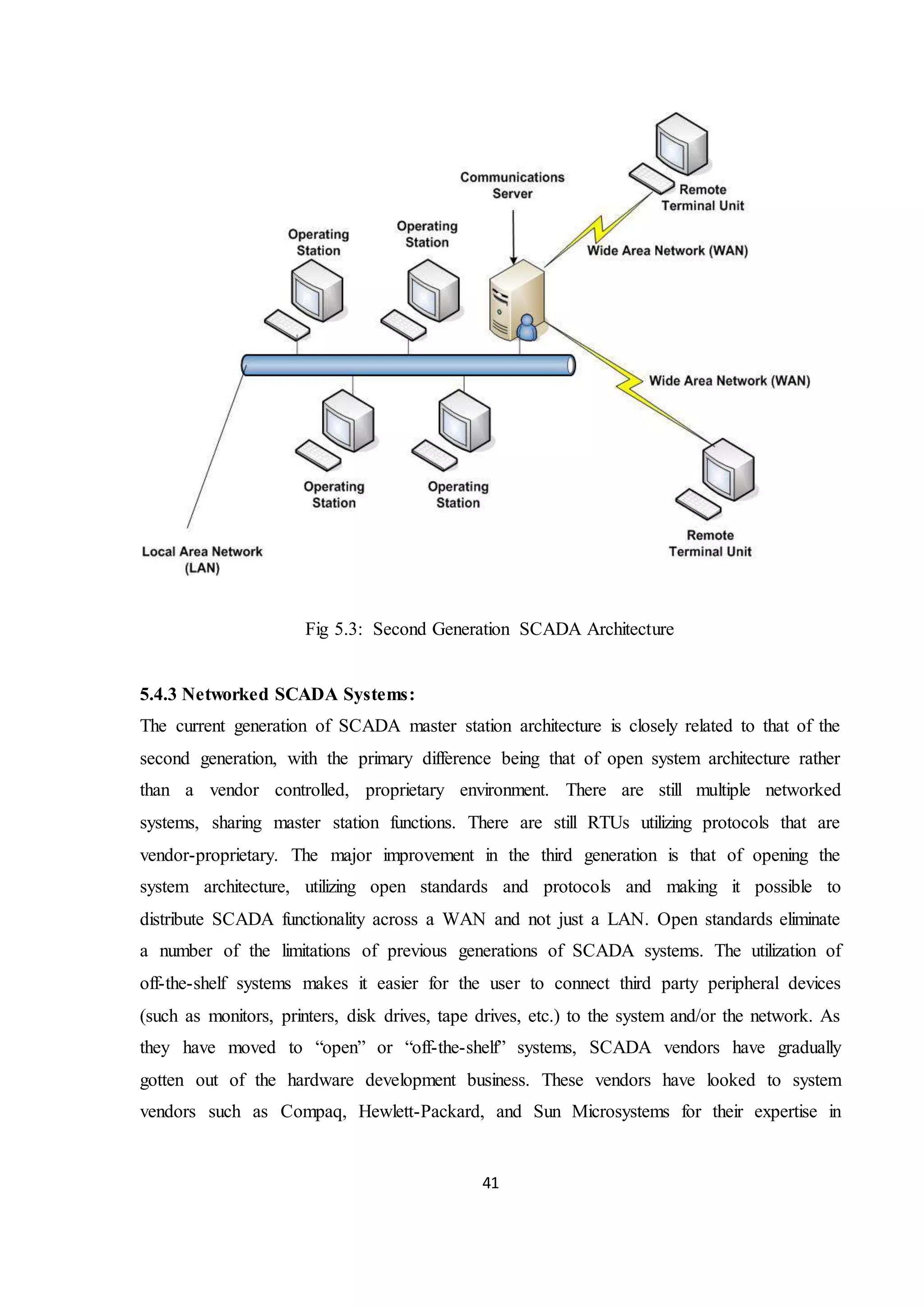 41
Fig 5.3: Second Generation SCADA Architecture
5.4.3 Networked SCADA Systems:
The current generation of SCADA master station architecture is closely related to that of the
second generation, with the primary difference being that of open system architecture rather
than a vendor controlled, proprietary environment. There are still multiple networked
systems, sharing master station functions. There are still RTUs utilizing protocols that are
vendor-proprietary. The major improvement in the third generation is that of opening the
system architecture, utilizing open standards and protocols and making it possible to
distribute SCADA functionality across a WAN and not just a LAN. Open standards eliminate
a number of the limitations of previous generations of SCADA systems. The utilization of
off-the-shelf systems makes it easier for the user to connect third party peripheral devices
(such as monitors, printers, disk drives, tape drives, etc.) to the system and/or the network. As
they have moved to “open” or “off-the-shelf” systems, SCADA vendors have gradually
gotten out of the hardware development business. These vendors have looked to system
vendors such as Compaq, Hewlett-Packard, and Sun Microsystems for their expertise in
 