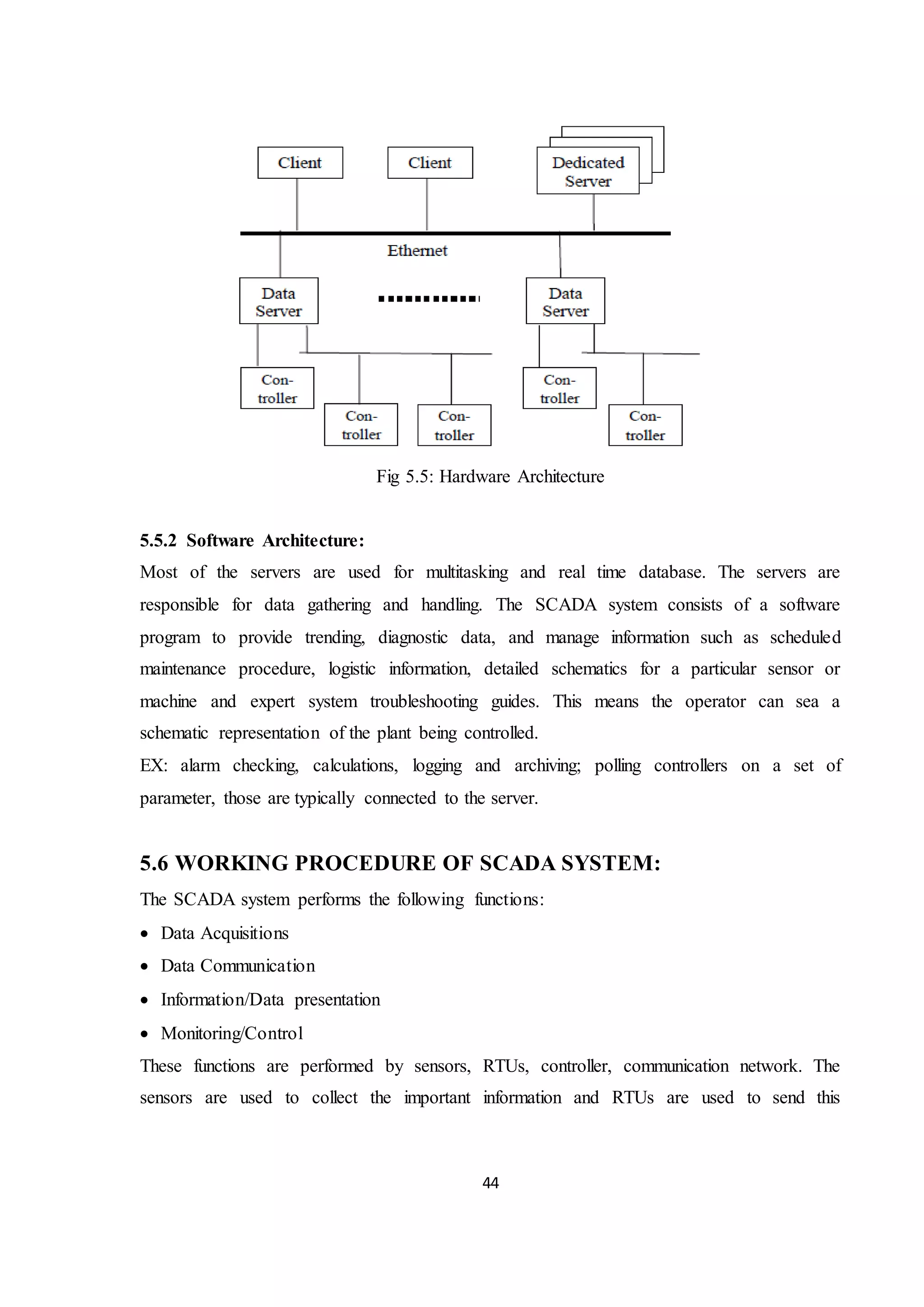 44
Fig 5.5: Hardware Architecture
5.5.2 Software Architecture:
Most of the servers are used for multitasking and real time database. The servers are
responsible for data gathering and handling. The SCADA system consists of a software
program to provide trending, diagnostic data, and manage information such as scheduled
maintenance procedure, logistic information, detailed schematics for a particular sensor or
machine and expert system troubleshooting guides. This means the operator can sea a
schematic representation of the plant being controlled.
EX: alarm checking, calculations, logging and archiving; polling controllers on a set of
parameter, those are typically connected to the server.
5.6 WORKING PROCEDURE OF SCADA SYSTEM:
The SCADA system performs the following functions:
 Data Acquisitions
 Data Communication
 Information/Data presentation
 Monitoring/Control
These functions are performed by sensors, RTUs, controller, communication network. The
sensors are used to collect the important information and RTUs are used to send this
 