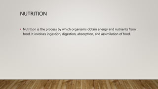 NUTRITION
• Nutrition is the process by which organisms obtain energy and nutrients from
food. It involves ingestion, digestion, absorption, and assimilation of food.
 