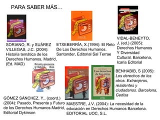 PARA SABER MÁS… SORIANO, R. y SUÁREZ VILLEGAS, J.C. (2004): Historia temática de los Derechos Humanos, Madrid,  (Ed. MAD)  ETXEBERRÍA, X.(1994): El Reto De Los Derechos Humanos. Santander, Editorial Sal Terrae  VIDAL-BENEYTO, J. (ed.) (2005): Derechos Humanos Y Diversidad Cultural. Barcelona, Icaria Editorial  GÓMEZ SÁNCHEZ, Y., (coord.) (2004): Pasado, Presente y Futuro de los Derechos Humanos.Madrid, Editorial Dykinson MAESTRE, J.V. (2004): La necesidad de la educación en Derechos Humanos Barcelona. EDITORIAL UOC, S.L. BENHABIB, S (2005):  Los derechos de los otros. Extranjeros, residentes y ciudadanos. Barcelona, Gedisa 