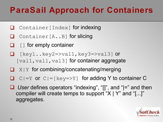 ParaSail Approach for Containers Container[Index]  for indexing Container[A..B]  for slicing []  for empty container [key1..key2=>val1,key3=>val3]  or  [val1,val1,val3]  for container aggregate X|Y   for combining/concatenating/merging C|=Y   or  C|=[key=>Y]   for adding Y to container C User  defines operators “indexing”, “[]”, and “|=” and then compiler will create temps to support “X | Y” and “[...]” aggregates. 