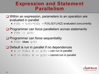 Expression and Statement Parallelism Within an expression, parameters to an operation are evaluated in parallel F(X) + G(Y)*H(Z)  -- F(X),G(Y),H(Z) evaluated concurrently Programmer can force parallelism across statements P(X) || Q(Y) Programmer can force sequentiality P(X)  then  Q(Y) Default is run in parallel if no dependences A := P(X); B := Q(Y)  -- can run in parallel Y := P(X); B := Q(Y)  -- cannot run in parallel  