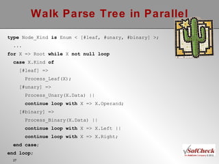 Walk Parse Tree in Parallel type  Node_Kind  is  Enum < [#leaf, #unary, #binary] >; ... for  X => Root  while  X  not null loop case  X.Kind  of [#leaf] => Process_Leaf(X); [#unary] => Process_Unary(X.Data) || continue loop with  X => X.Operand; [#binary] =>  Process_Binary(X.Data) || continue loop with  X => X.Left || continue loop with  X => X.Right; end case ; end loop ; 