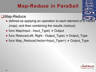 Map-Reduce in ParaSail Map-Reduce defined as applying an operation to each element of a Vector  (map),  and then combining the results  (reduce) func Map(Input : Input_Type)    Output func Reduce(Left, Right : Output_Type)     Output_Type func Map_Reduce(Vector<Input_Type>)    Output_Type 