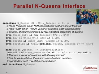 Parallel N-Queens Interface interface  N_Queens <N : Univ_Integer := 8> is // Place N queens on an NxN checkerboard so that none of them can // "take" each other.  Return vector of solutions, each solution being // an array of columns indexed by row indicating placement of queens. type  Chess_Unit  is new  Integer<-N*2 .. N*2>; type  Row is Chess_Unit  {Row  in  1..N}; type  Column  is  Chess_Unit  {Column in 1..N}; type  Solution  is  Array< optional  Column, Indexed_By => Row>; func  Place_Queens() -> Vector<Solution> { for all  S  of  Place_Queens =>  for all  Col  of  S => Col  not null }; // Produce a vector of solutions, with the requirement // that for each solution, there are non-null column numbers // specified for each row of the checkerboard. end interface  N_Queens; 