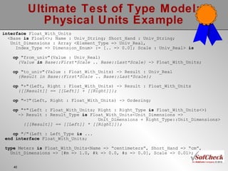 Ultimate Test of Type Model: Physical Units Example interface  Float_With_Units <Base  is  Float<>; Name : Univ_String; Short_Hand : Univ_String; Unit_Dimensions : Array <Element_Type => Univ_Real,  Index_Type => Dimension_Enum> := [ ..  => 0.0]; Scale : Univ_Real>  is op  "from_univ"(Value : Univ_Real)  {Value  in  Base::First*Scale .. Base::Last*Scale}  -> Float_With_Units; op  "to_univ"(Value : Float_With_Units) -> Result : Univ_Real  {Result in Base::First*Scale .. Base::Last*Scale}; op  "+"(Left, Right : Float_With_Units) -> Result : Float_With_Units  {[[Result]] == [[Left]] + [[Right]]}; op  "=?"(Left, Right : Float_With_Units) -> Ordering; op  "*"(Left : Float_With_Units; Right : Right_Type  is  Float_With_Units<>) -> Result : Result_Type  is  Float_With_Units<Unit_Dimensions =>  Unit_Dimensions + Right_Type::Unit_Dimensions> {[[Result]] == [[Left]] * [[Right]]}; op  "/"(Left : Left_Type  is  ... end   interface  Float_With_Units; type  Meters  is  Float_With_Units<Name => “centimeters”, Short_Hand => “cm”, Unit_Dimensions => [#m => 1.0, #k => 0.0, #s => 0.0], Scale => 0.01>;  